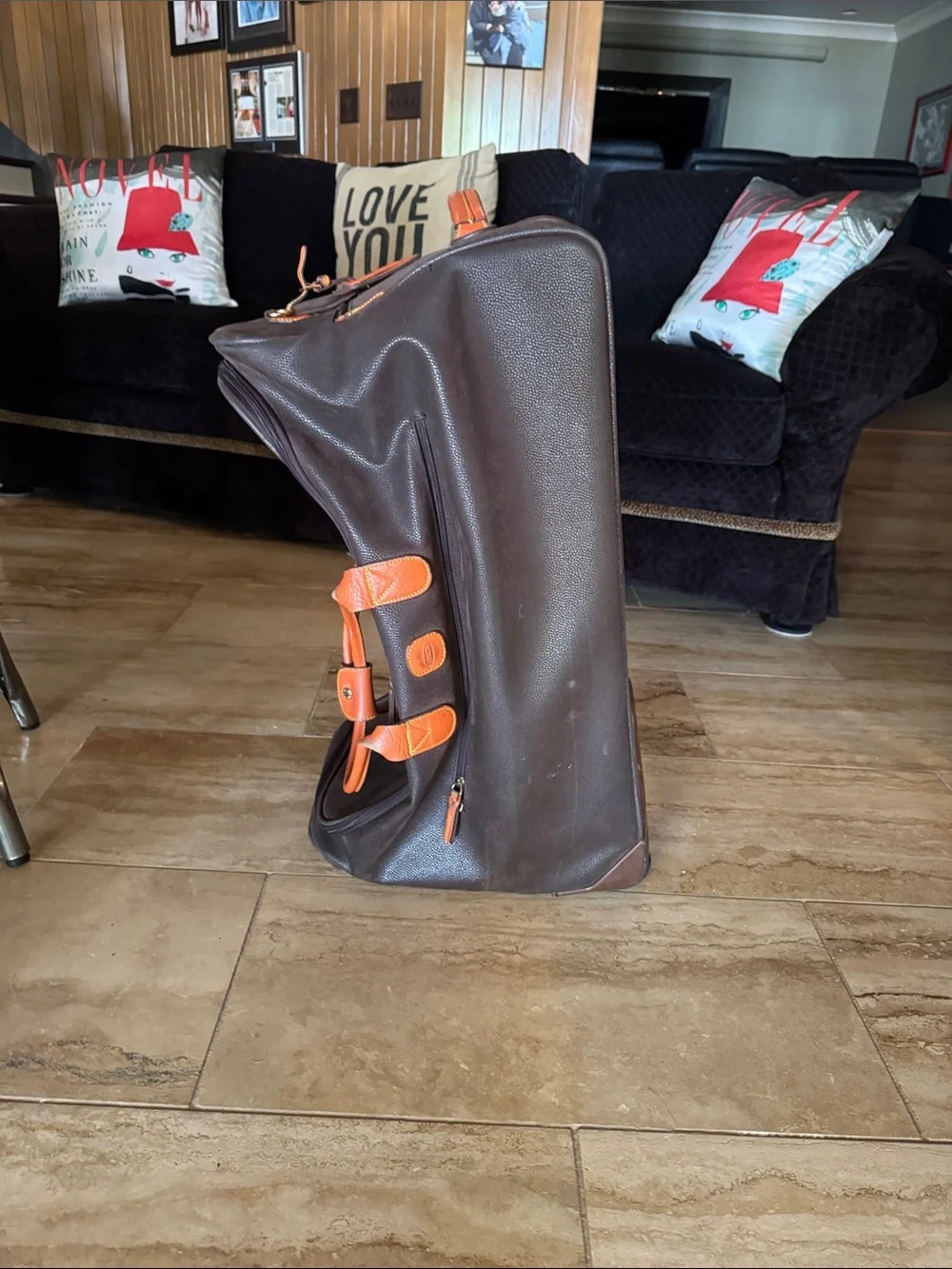 Bric's Dark Brown Leather Duffle with Orange Trim